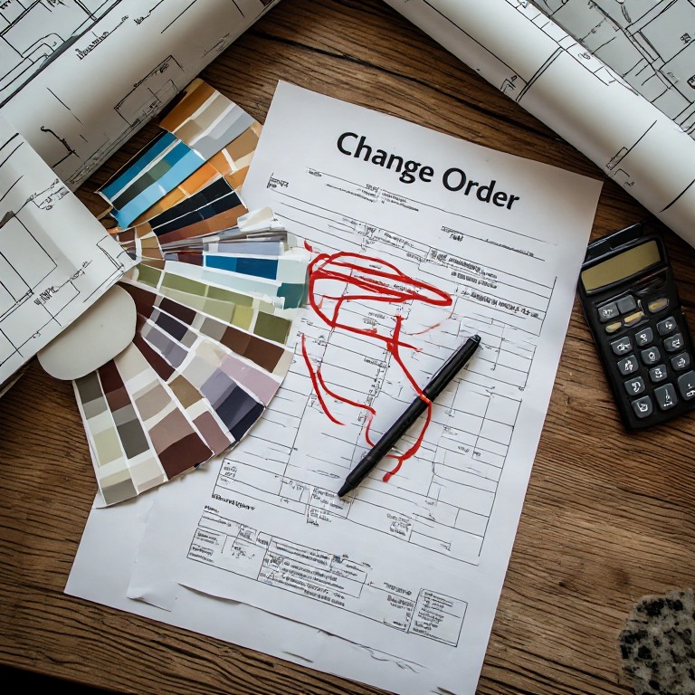 Homeowner reviewing a detailed renovation contract and change order to avoid contractor upcharges.